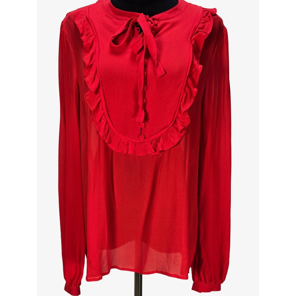 Women's Escada 42 Red 100% Silk Ruffle Bib Tie Neck Sheer Blouse Romantic